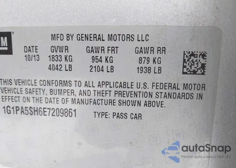 2014 Chevrolet Cruze Ls Auto из США, поврежденный, VIN 1G1PA5SH6E7209861